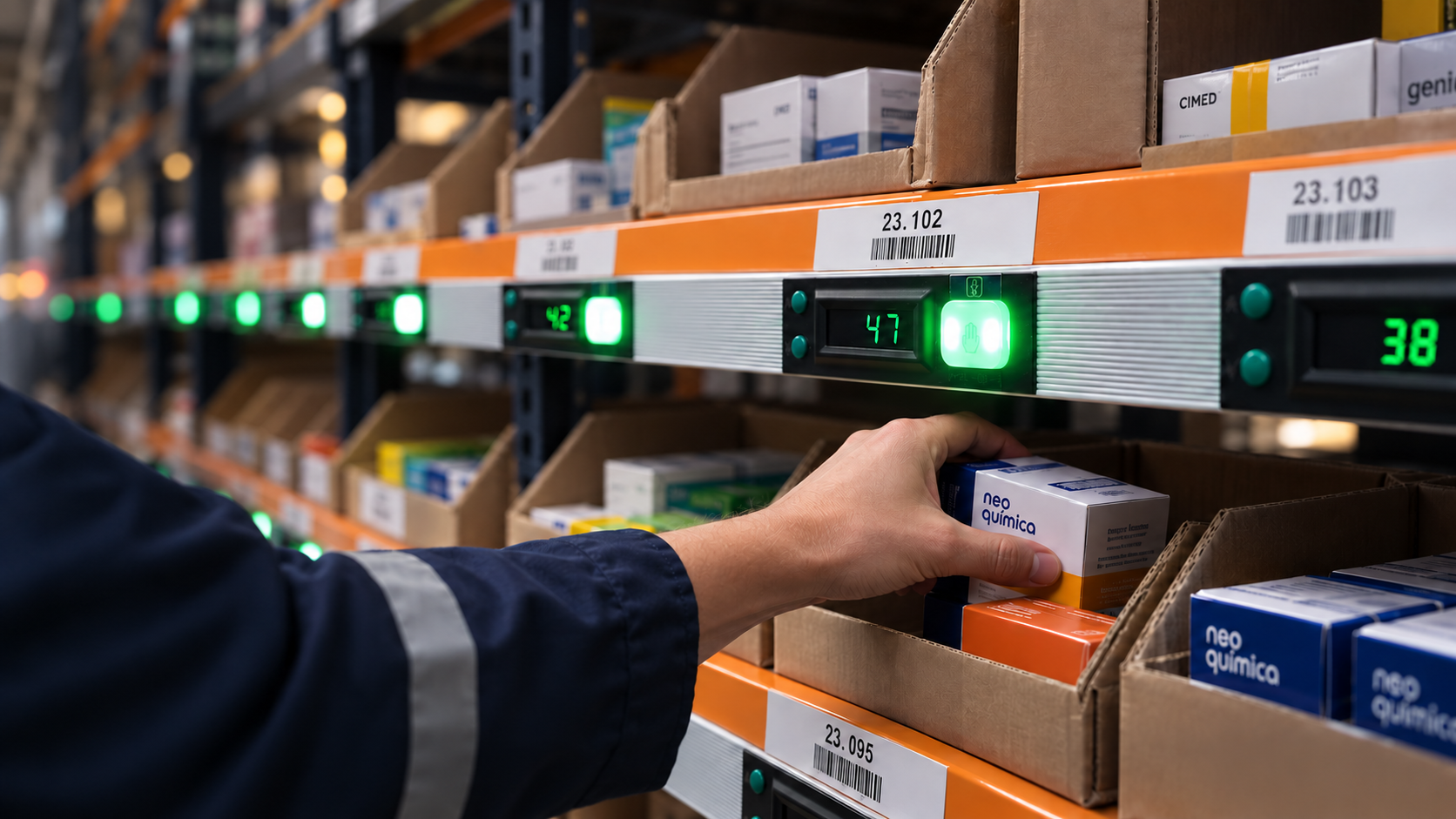 Operador separando produtos em uma estante com LEDs e displays iluminados